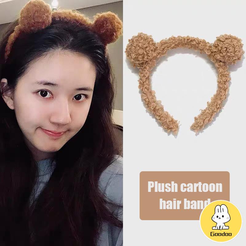 Rambut Kartun Mewah Band Wanita Telinga Beruang Kecil yang Lucu Cuci Wajah Domba Wol Semua Cocok dengan Pita Rambut -Doo