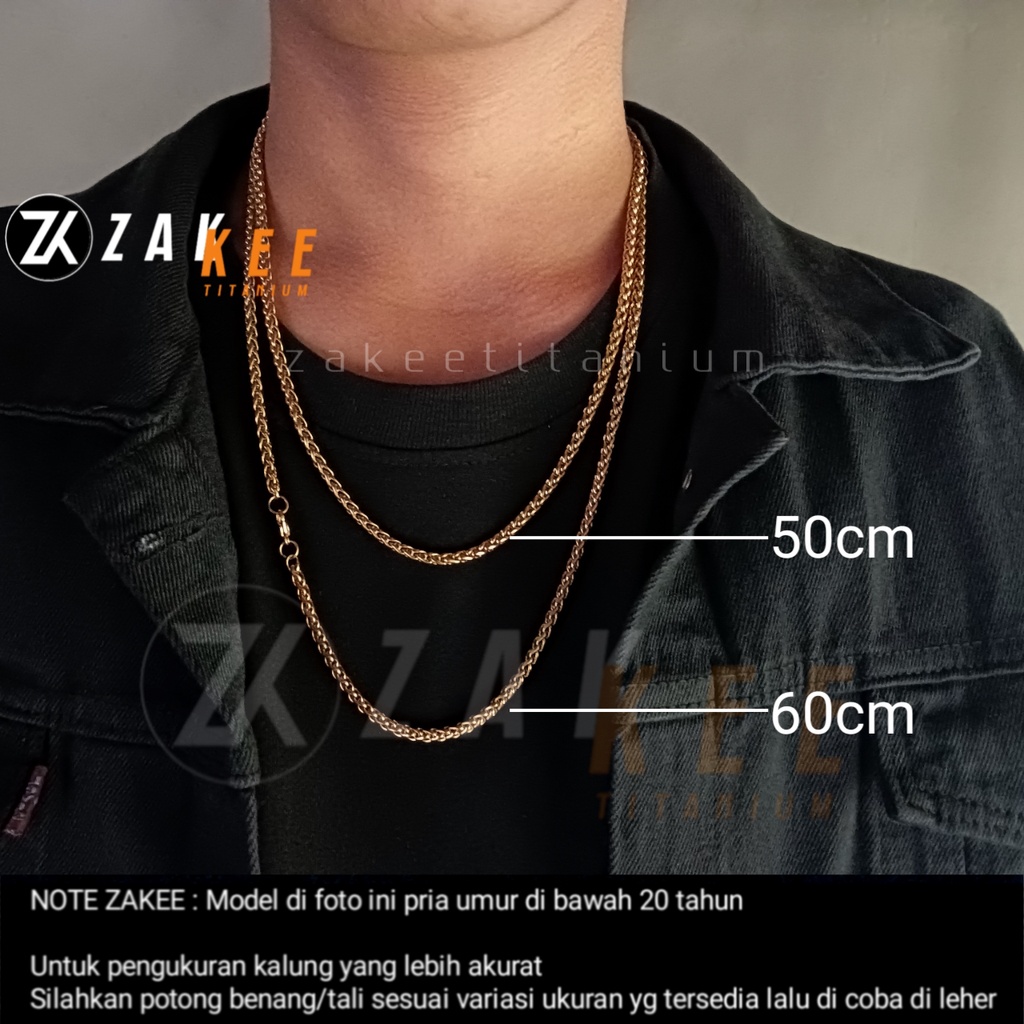 Kalung Pria Wanita Titanium Anti Karat Rantai Emas Gold Cowok Cewek Keren Rante Kepang Panjang 50cm dan 60cm