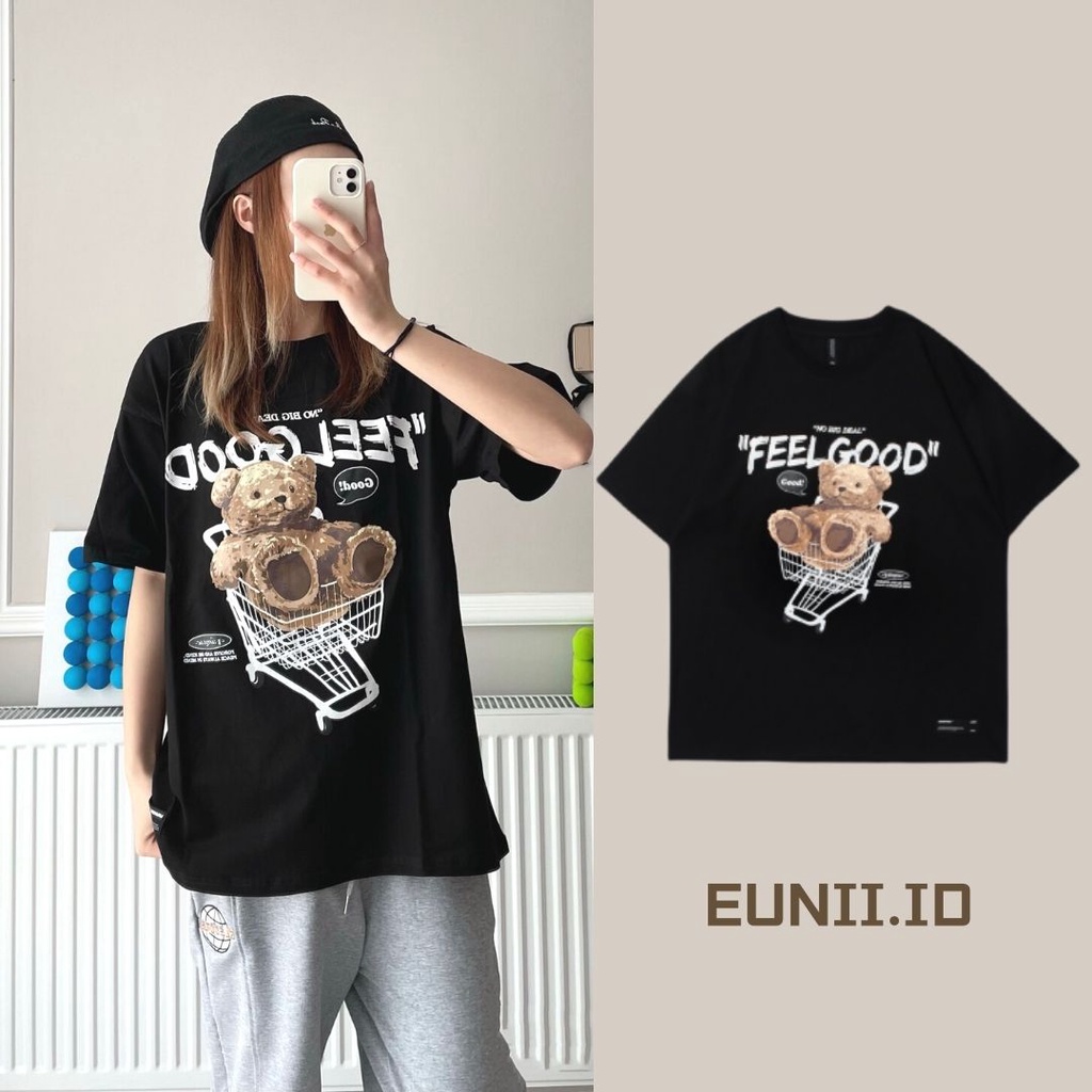 EUNII T-shirt Lengan Pendek Imut Kereta Belanja Beruang Pencetakan Longgar Korean Style/Kaos Atasan Wanita/Baju Kaus Oversize Wanita