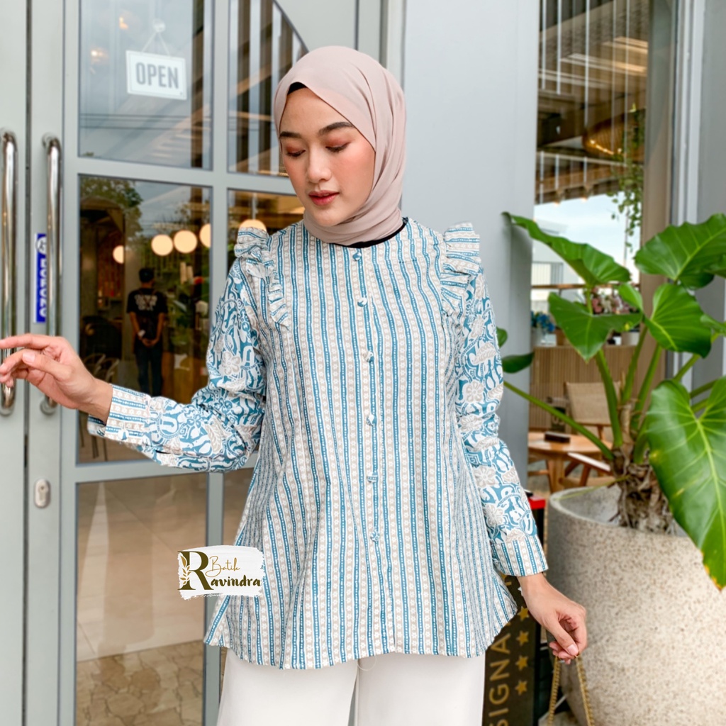 Blouse Batik Kombinasi Bunga Bunga Salur