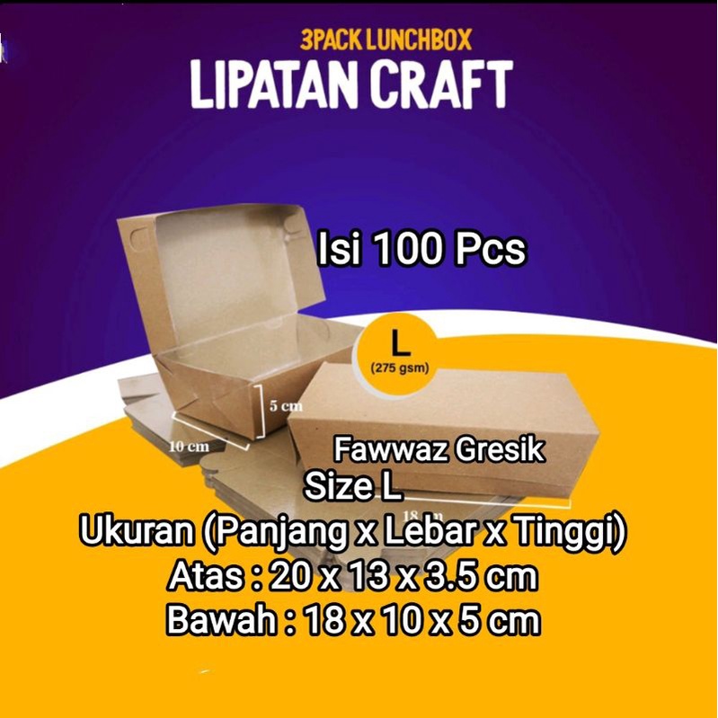 (100pcs) Box Makanan Coklat Lipatan Lembaran Ukuran L / Lunch Box L Craft Brown Lipatan Size L