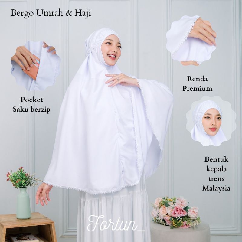 BERGO UMROH HAJI BAHAN KATUN PREMIUM HIJAB JUMBO BERSAKU/Jilbab Instan,Kerudung Bergo umroh dan haji