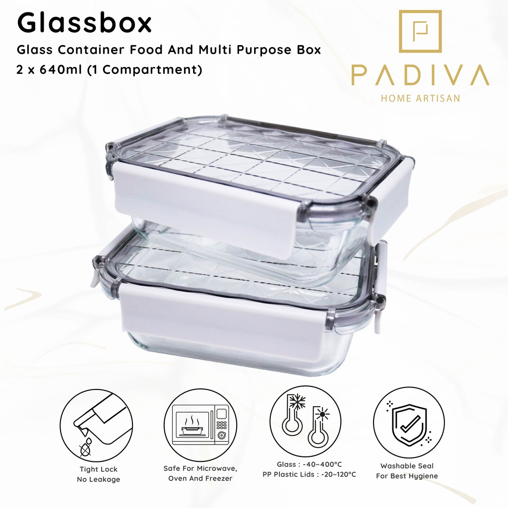 Padiva 640ml  (2pcs) Crystal Glassbox 1 compartment/ Tempat Makan bayi