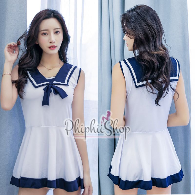 PREMIUM Terusan Seragam Sailor Sekolah Jepang Model Dress Putih Pita Cosplay Seifuku
