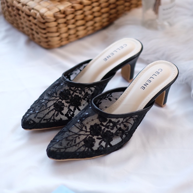 𝗖𝗘𝗟𝗟𝗘𝗡𝗘 Fuji Simply Lace Heels 7 colors / Wedding shoes bassic 7cm selop brukat