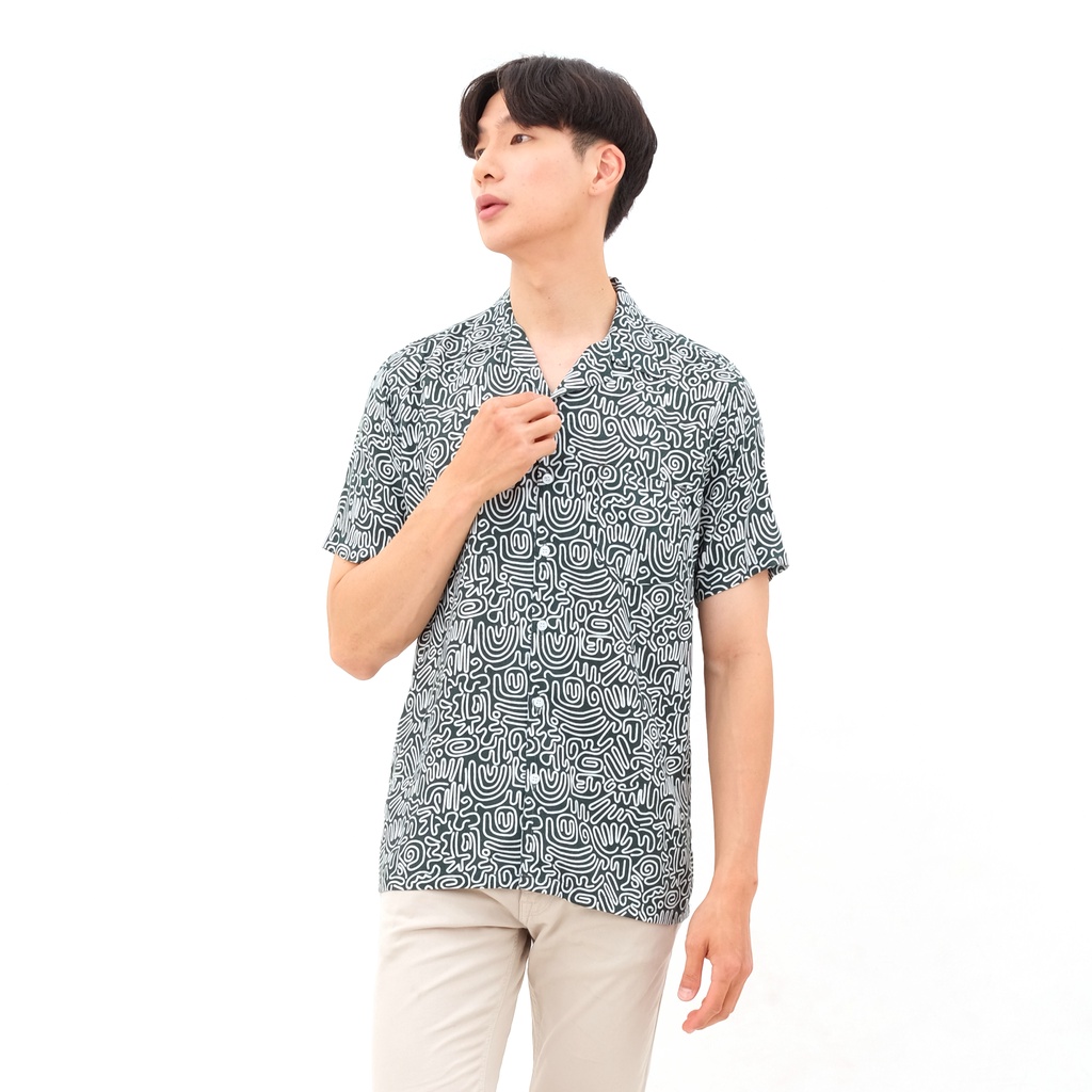 SANVANINA Kemeja Pantai Motif Hawaiian Slim Fit Hem Baju Unisex Labirin Printed Shirt 2038