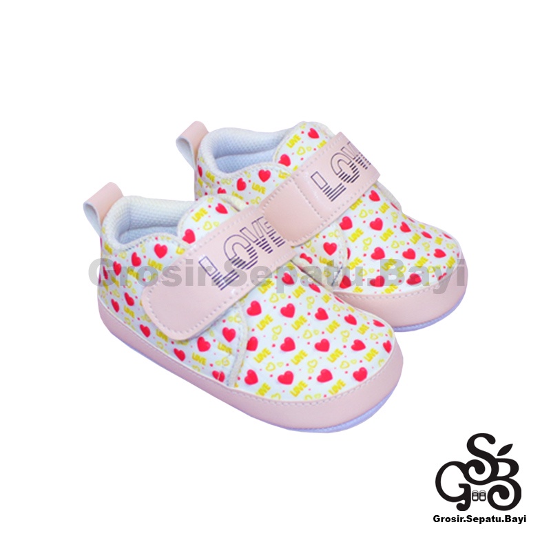 Sepatu Bayi - Baby Shoes - Prewalker  | 2-12 bulan | motif LOVE Pink ringan &amp; fleksibel