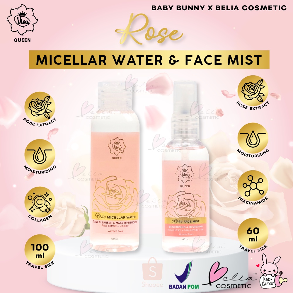 ❤ BELIA ❤ VIVA Queen Rose Micellar Water 100ml | Face Mist 60ml | Alcohol Free | Niacinamide, Collagen, Rose Extract, Moisturizing | Daily Cleanser BPOM