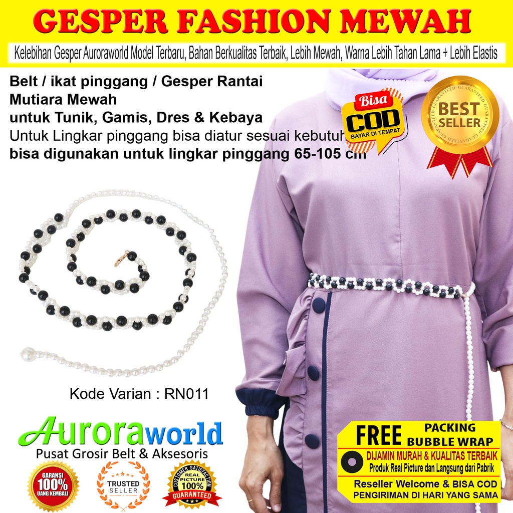 Auroraworld Belt wanita ikat pinggang mutiara Belt wanita gesper rantai mewah untuk dress gamis tunik ikat Pinggang Fashion Terbaru bisa COD RN-1B