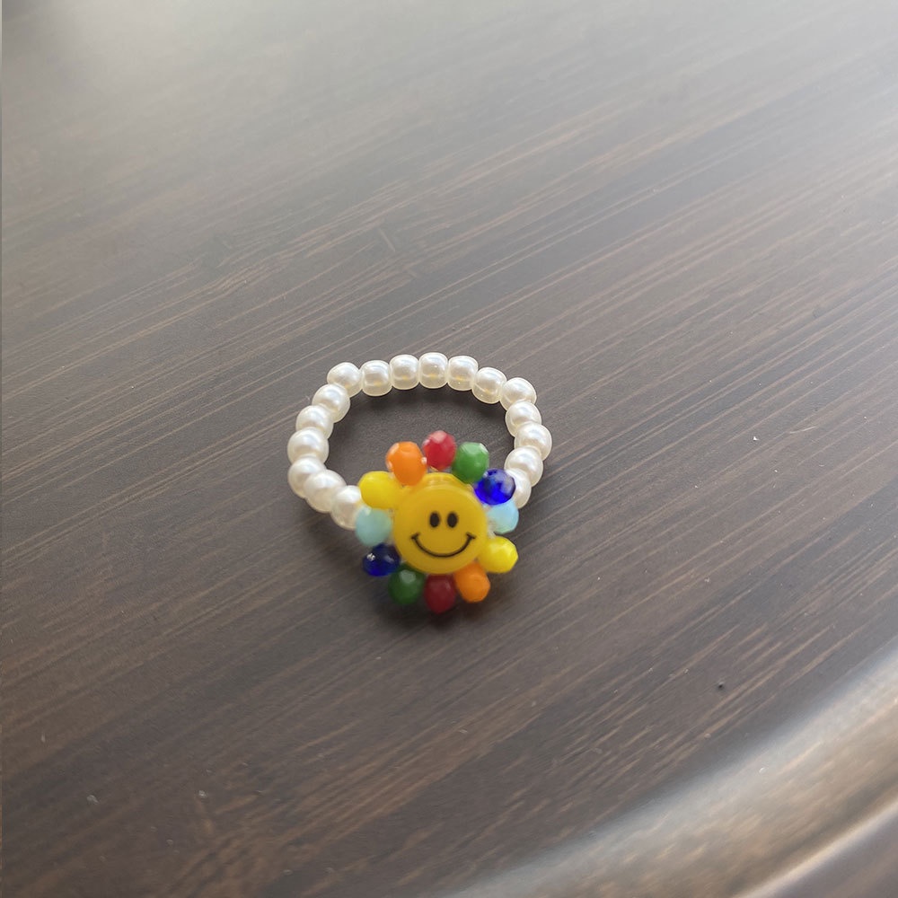 Gelang Tangan Elastis Motif Bunga Matahari / Smiley Hias Kristal / Mutiara Warna-Warni Untuk Wanita