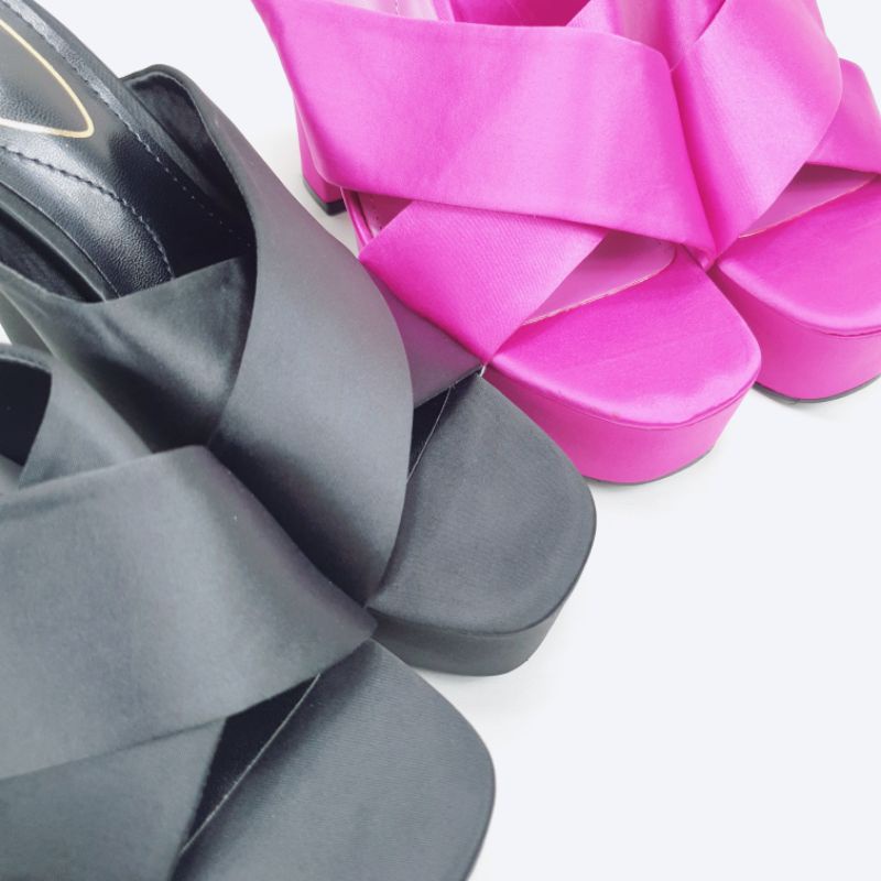 ZR Satin Cross Strap Block Heeled Sandal