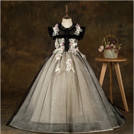 Gaun anak - Gaun Panjang Formal Gadis Bunga Gaun Pesta Hitam Elegan Gadis Remaja