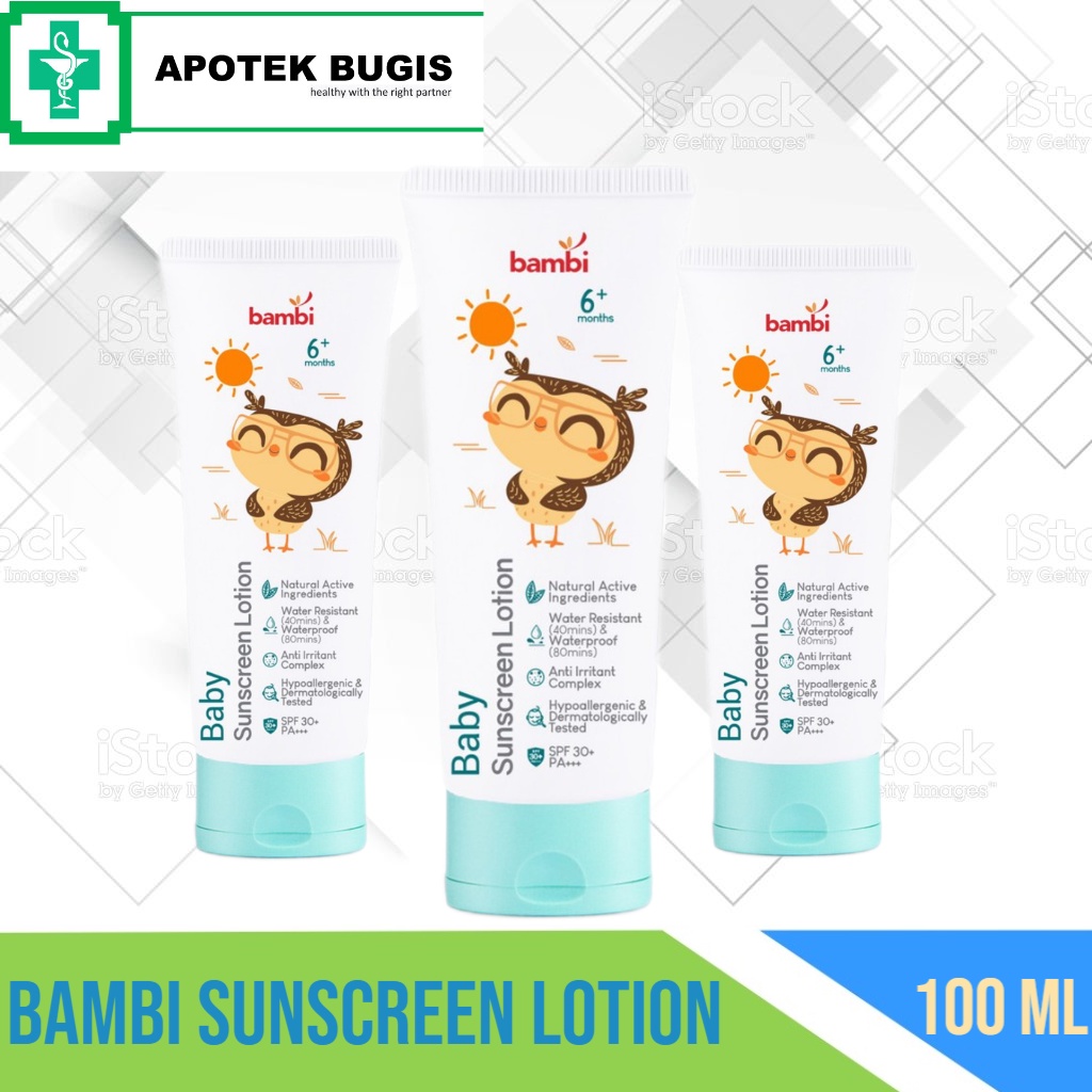 Bambi Baby Sunscreen Lotion 100ml | Lotion Sunscreen Bayi Anak Kulit Normal - Sensitif | SPF 30++ | Sunscreen Bayi Waterproof &amp; Water.