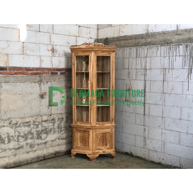 LEMARI SUDUT KAYU JATI TEMPAT HIAS DEKORASI RUMAH ALMARI POJOK KACA MEWAH TERMURAH DERMAGA FURNITURE