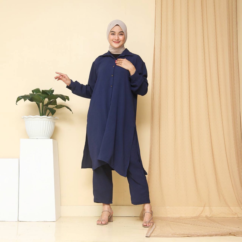 Oneset Tunik Adhisa Crinkle Airflow / Setcel Tunik Crinkle Airflow Busui / Setelan Tunik Crinkle Variasi Kancing Belakang Kancing Depan Full Hidup