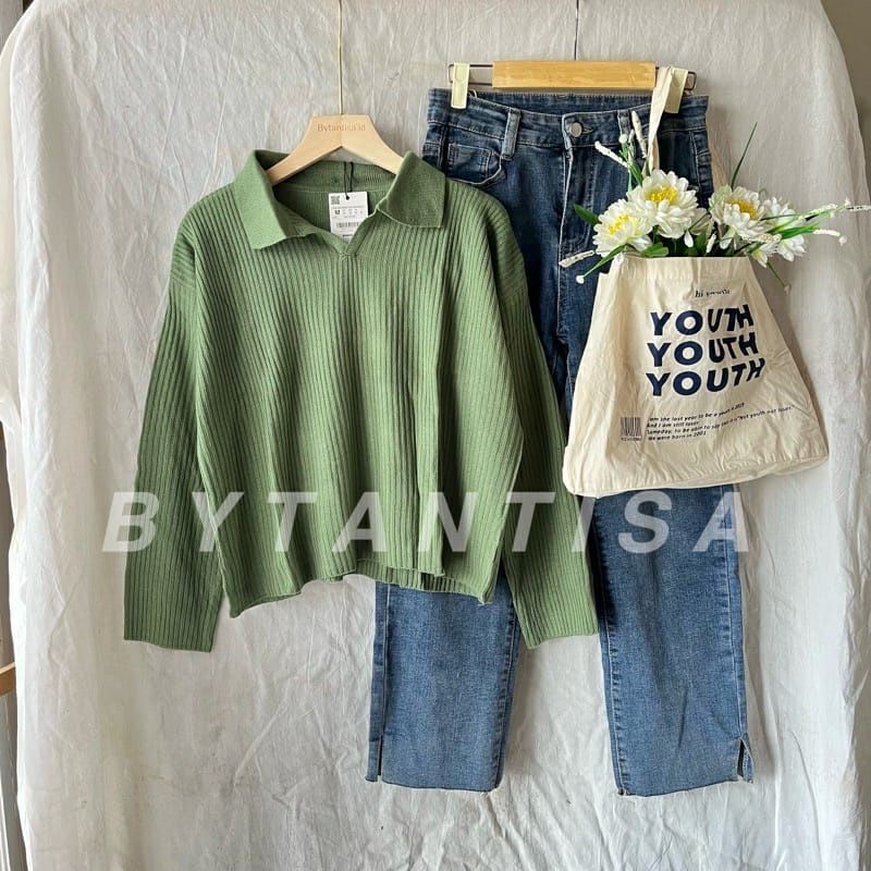 [BISA COD] Geani Crop Blouse / Atasan Wanita Berkerah Polo / Naomi Polo Knit Atasan Crop Top / Sweater Rajut Kerah Wanita Polos