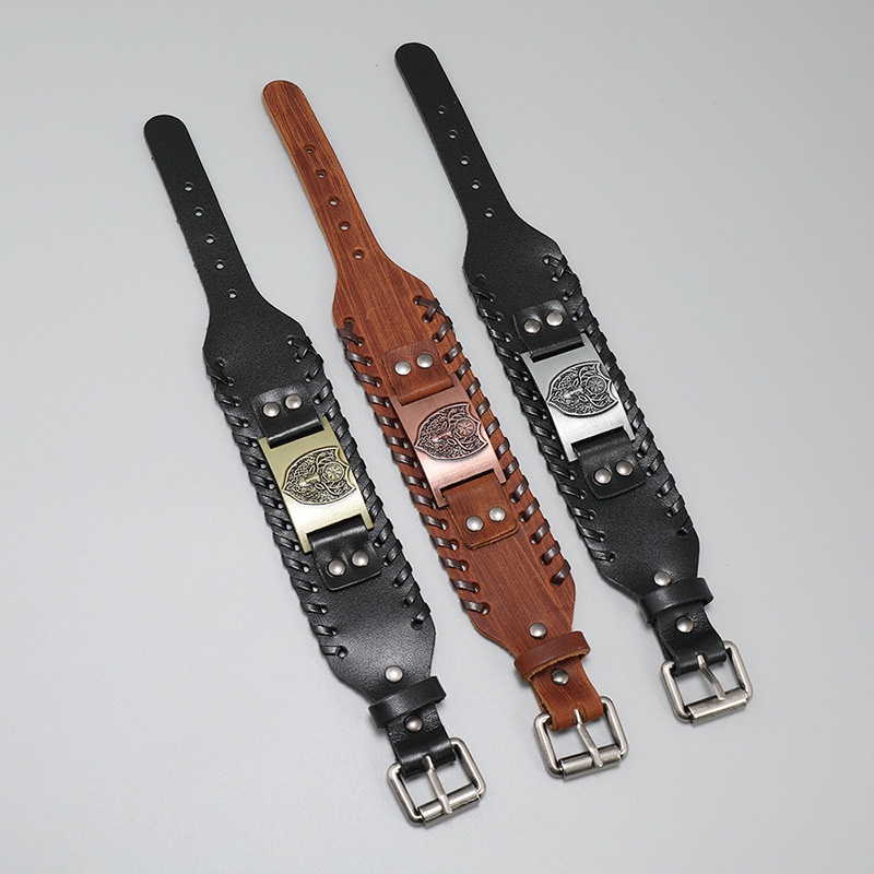[Z H Perhiasan] Hip Hop Retro Viking Fashion Pria Anyaman Kulit Perisai Gelang Pesta Perhiasan Aksesoris
