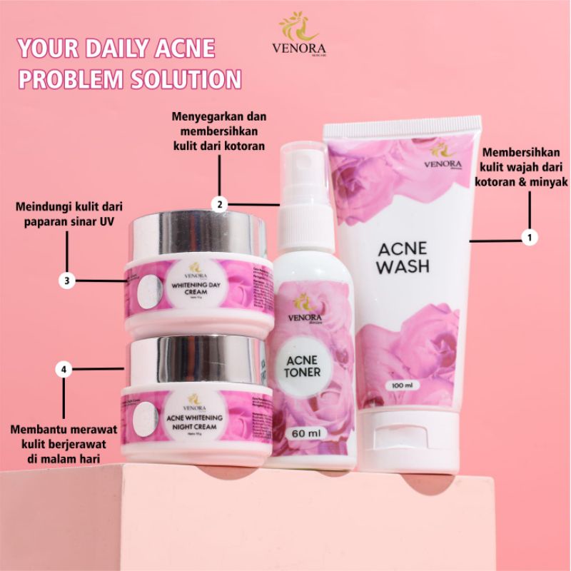 TEELARIS VENORA SKINCARE PAKET ACNE MENGOBATI JERAWAT,FLEK HITAM & MENCERAHKAN KULIT WAJAH