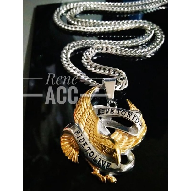 Kalung Titanium Pria cowok Liontin Ride to Live 75 cm Anti Karat