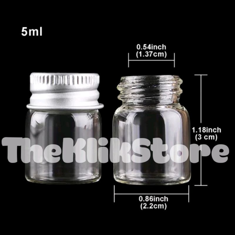 Botol Ulir Kaca Kecil 5ml Tutup Aluminium Cap Mini Glass Bottle Jar 22x30mm