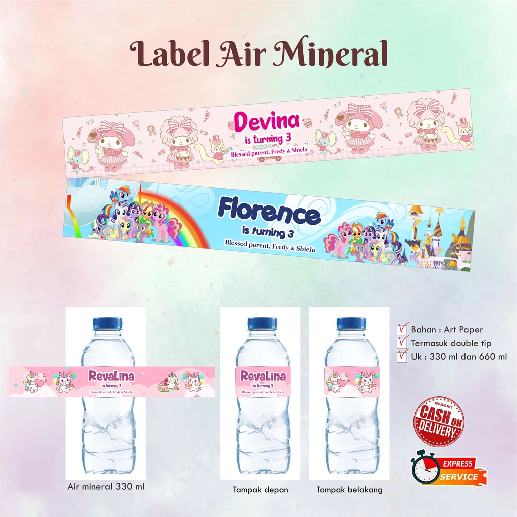 

Label air mineral / Botol Aqua 330 ml & 660 ml / Dessert Table