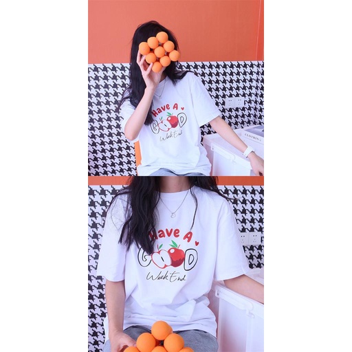 [littlecrab] Kaos Oversize Have A Good Weekend Cute Apple Love Bahan Berkualitas T-shirt Couple Unisex Simple Unik Gambar Apel Korean Style