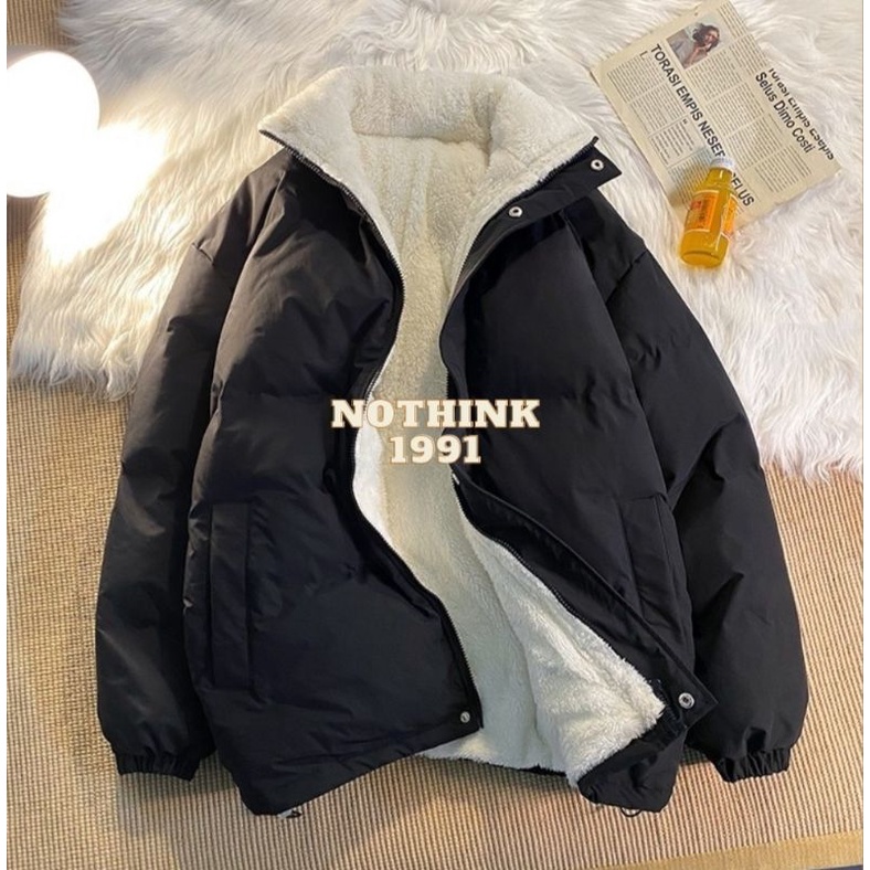 Nothinkk1991 jaket musim dingin premium unisex mantel tebal lapis bulu halus jaket kembung terbaru