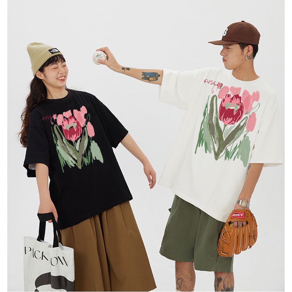RDGF official shop bunga mawar pola cetak Korean style crewneck oversize baju atasan wanita warna hitam kaos wanita terbaru