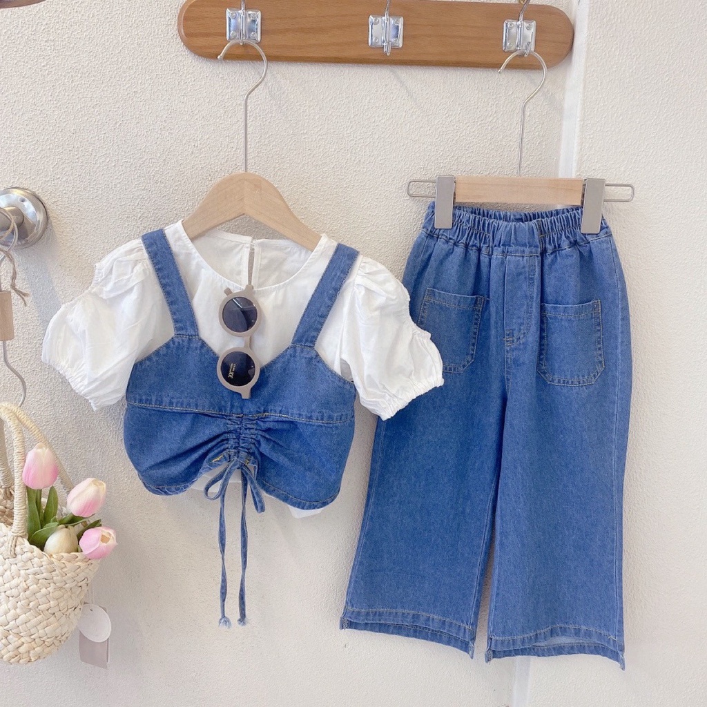 SSP47- Setelan Set Anak Perempuan 3in1 Blouse+Rompi+Celana Jeans Kulot