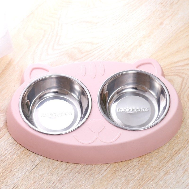 Mangkok Stainless Double Macaron Model Muka Kucing Untuk Anjing Dan Kucing