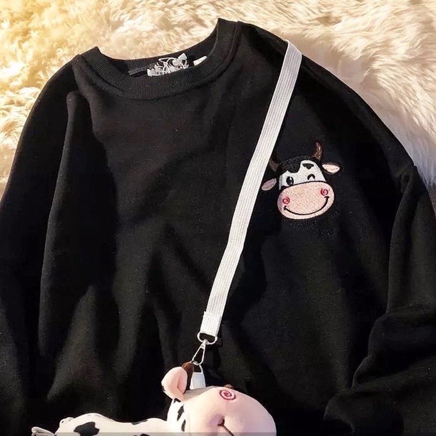 Sweater Bordir Sapi Lucu - Sweatshirt Cow Oblong Terbaru - Bahan Fleece | Allsize