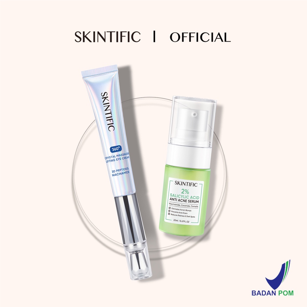 SKINTIFIC 2pcs Set | 2% Salicylic Acid Anti Acne Serum 20ml Totol Jerawat + 360° Crystal Massager Lifting Eye Cream 20ml Krim Mata