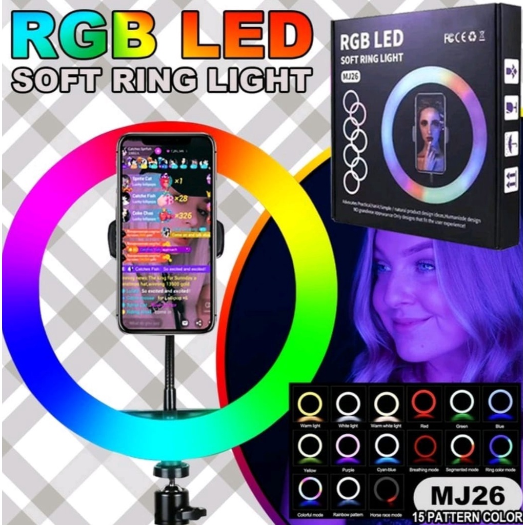 Soft Ring Light RGB LED 26Cm Ring Fill Light Rainbow + Free Holder U Hp &amp; Miniball / Ringlight Flash Selfi Murah Warna Warni Paket Komplit Live Streaming Youtuber / Ringlight Rainbow Lampu Photo Studio Selfie Make Up Live Tiktokers Vlogger Live Streamer