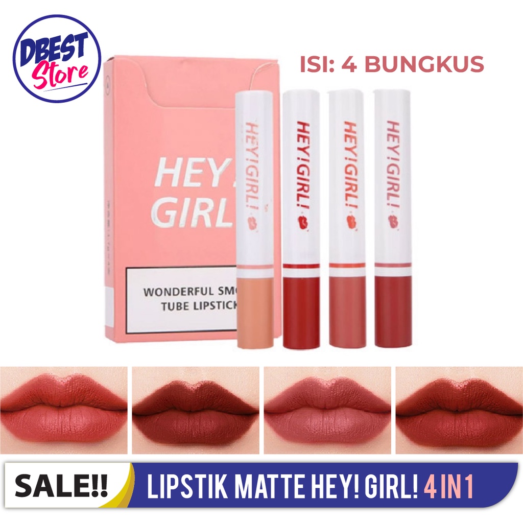 (4 IN 1) Lipstick HengFang Hey Girl Smoke Lips Lipstick Matte 4 Warna Tahan Lama Gaya Korea