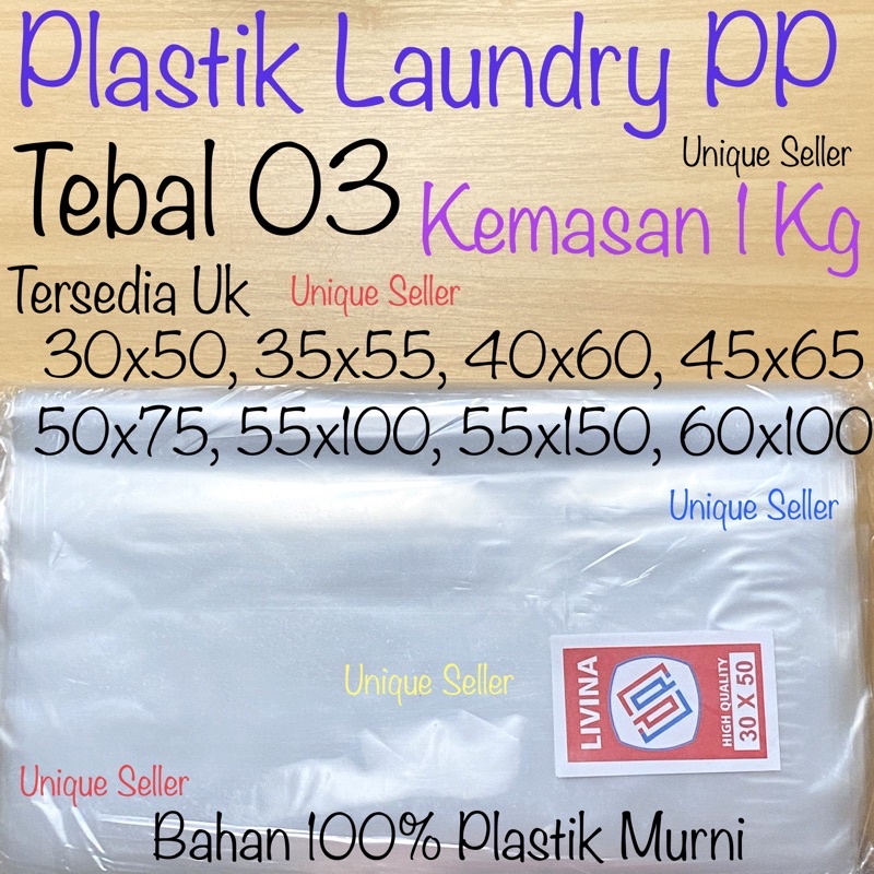 Plastik untuk Laundry Bening Kiloan LIVINA Tebal 03 Uk 30 35 40 45 50 55 60 / Kantong Plastik PP Uk 30x50 35x55 40x60 45x65 50x75 55x100 55x150 60x100 / Kantong Plastik PP Laundry LIVINA