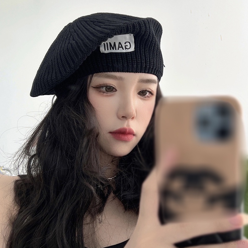 Topi Baret Bahan Wol Hangat Motif Tulisan Untuk Musim Gugur / Dingin