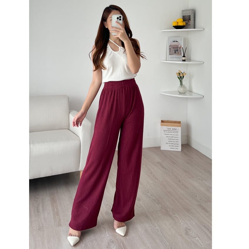 Brnj Celana Kulot Wanita Highwaist Knit Rib Premium Panjang Tali Terbaru Kekinian