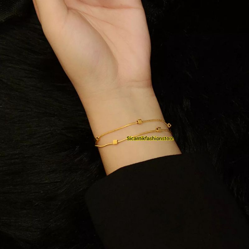 Gelang Titanium Wanita 2 Layer Terbaru Terlaris Anti Karat Selamanya  Gelang Wanita Korea Kekinian Viral 2 Layer  Gelang Wanita Gold 2 Layer