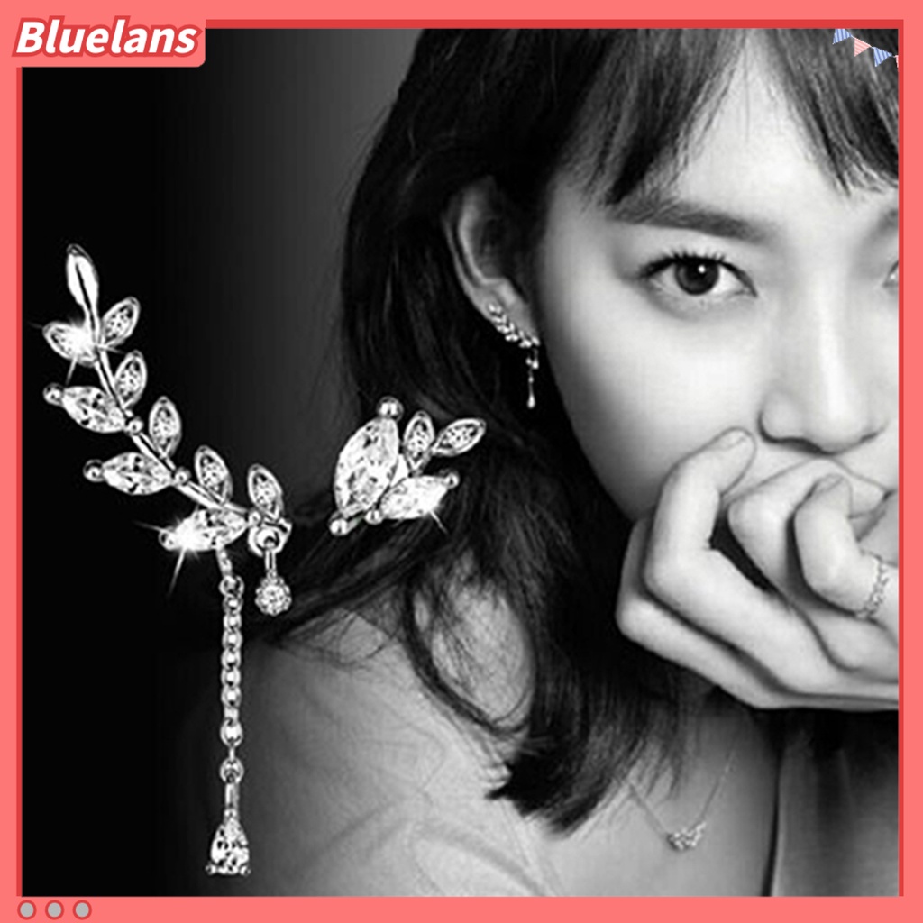 Bluelans Anting Tusuk Gantung Asimetris Desain Daun Hias Berlian Imitasi Anti Karat Untuk Wanita
