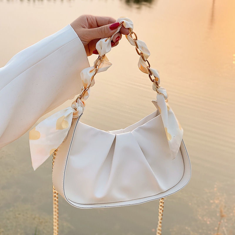 Suhao rantai super hot niche tas putih wanita musim panas 2021 baru trendi high-end tas ketiak lipit cloud messenger bag