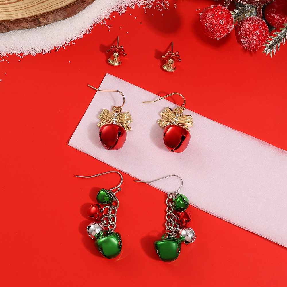 Set Anting Panjang Desain Lonceng Natal Warna Merah Hijau