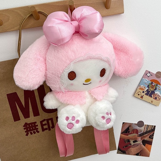 Ransel BULU Mainan Mewah Anime Sanrioed Kartun My Melody Kawaii Lucu Lolita Boneka Plushie Tas Penyimpanan Boneka Lembut Hadiah Ulang Tahun Anak Perempuan