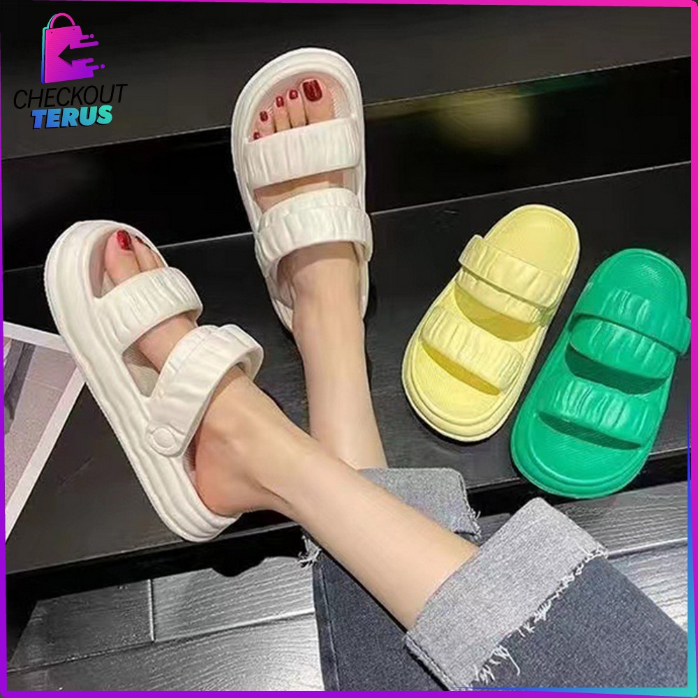 CT S49 Sandal Jelly Wanita Bahan EVA Anti Slip Elastis Selop Rumahan Couple Slipper Soft Empuk Elastic Import