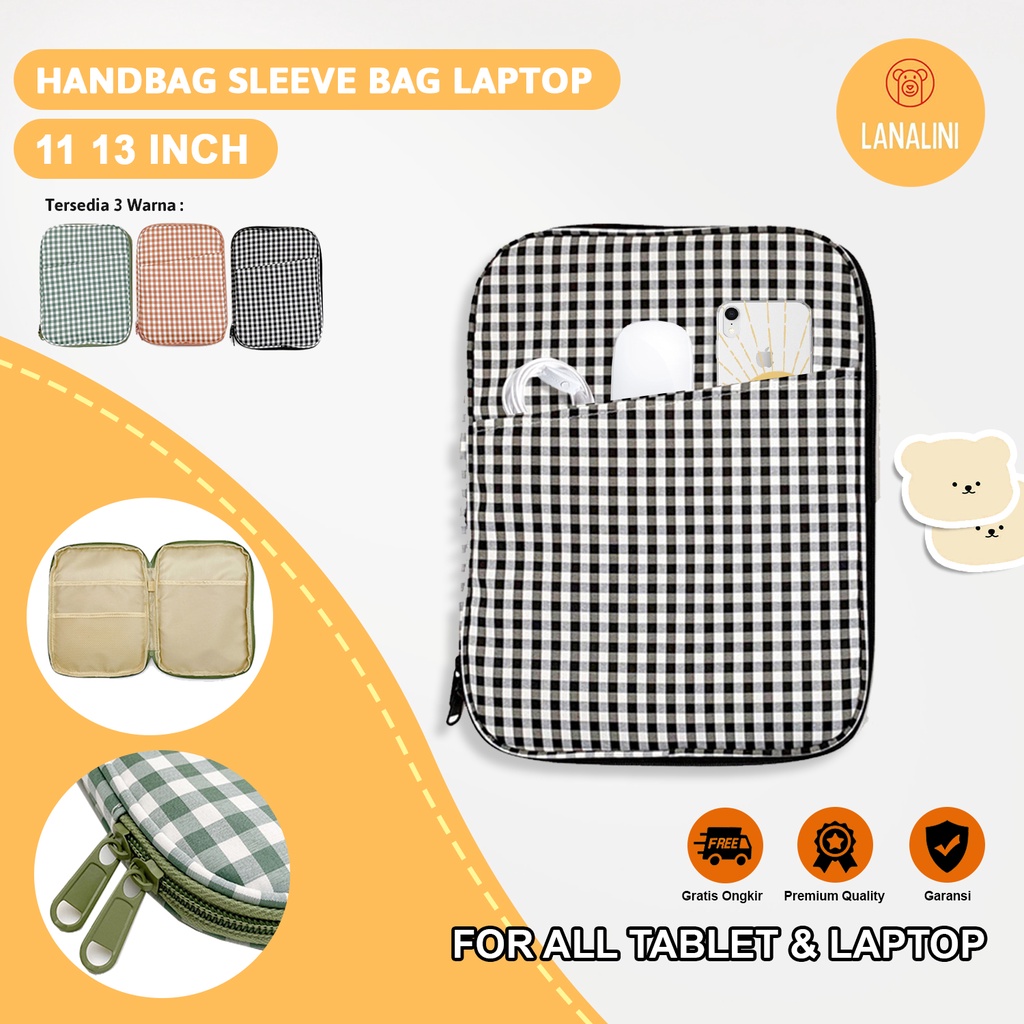 Sleeve Pouch Sarung Tas Bag Case Ipad Tab Tablet Macbook Air Pro Laptop Asus Acer Lenovo HP Huawei 11 12 13 14 15 inch Motif Kotak Kotak Warna Hitam Black Hijau Green Pink Cute Murah Korean Model