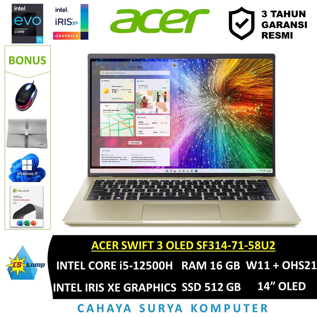 Jual Acer Swift 3 Oled Sf314 71 58u2 Intel Core I5 12500h Intel Iris Xe