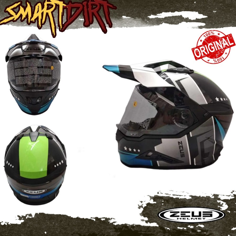 HELM MOTOR ZEUS ZS913 BF3 BLACK GREEN HELM ZEUS DOUBLE VISOR BLACK ORI