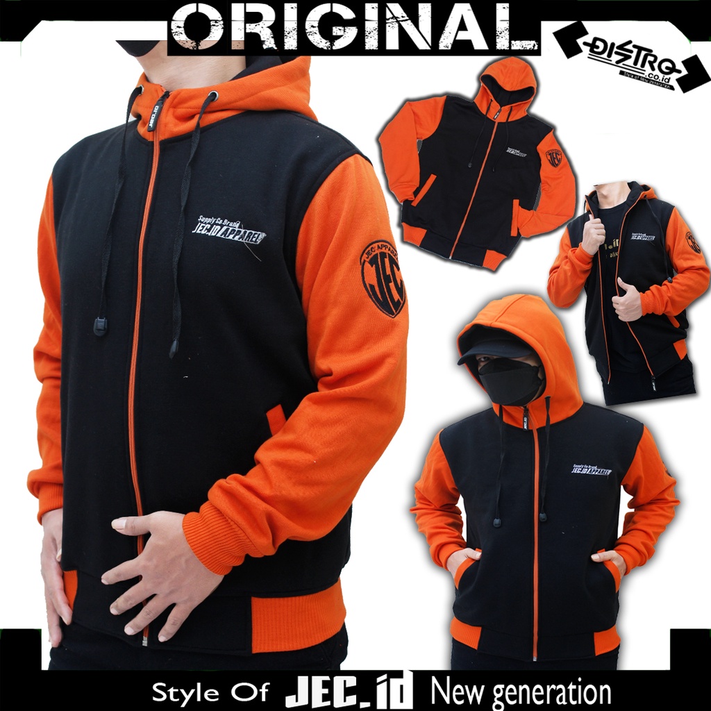 Jaket Sweater Hoodie Zipper Jec Apparel Premium Orange Hitam