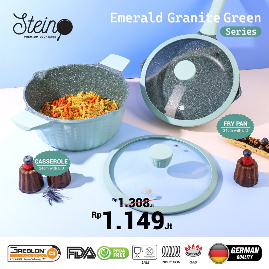STEIN Emerald Green / Brown Set ( Frypan 24cm + Casserole 24cm)