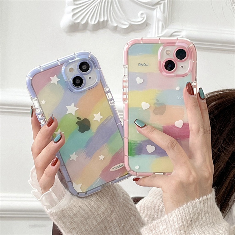 Casing Soft Case Motif Pelangi + Bintang Untuk IPhone Xr Xs Max 11 12 13 14 Pro Max 14 Plus CASING KESING HP IPHONE FOR GIRL