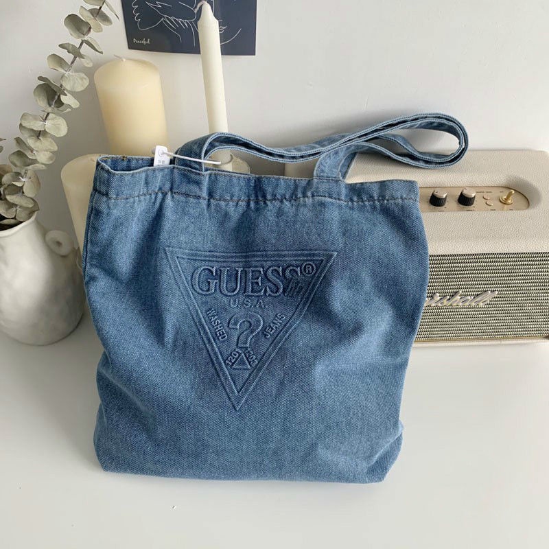 pocket bag tas bahan jeans tas foldable tas wanita kecil importtote bag korea tote bag kuliah ☋✸Sera Japanese GUESS original denim tote canvas bag simple and serbaguna sastra one-shoulder handheld trendi tas keren untuk pria dan wanita